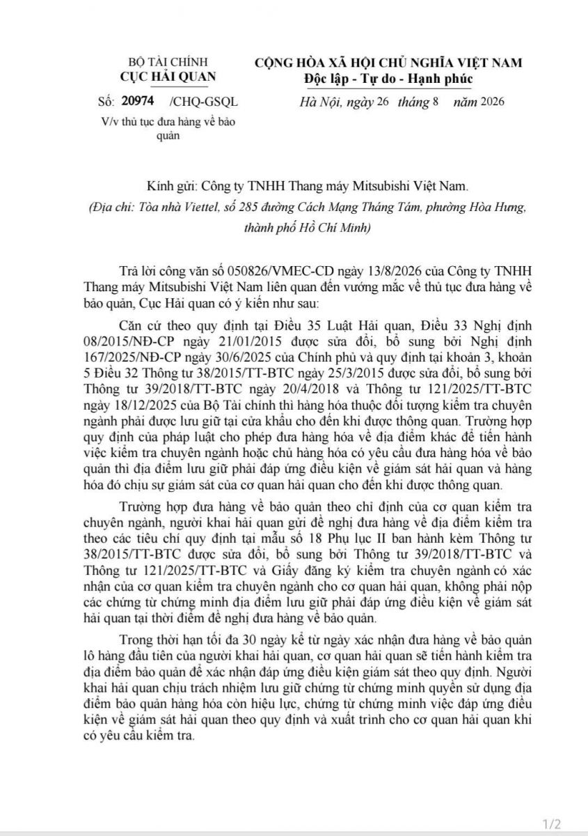 Customs Official Letter Page 1